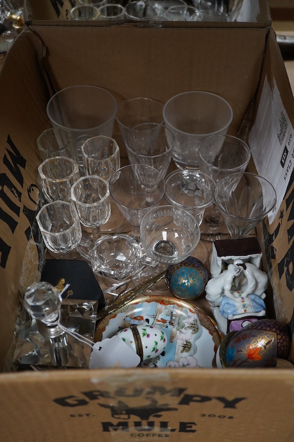 A collection of sundry items to include glass scent bottles, 19th century drinking glasses and porcelain